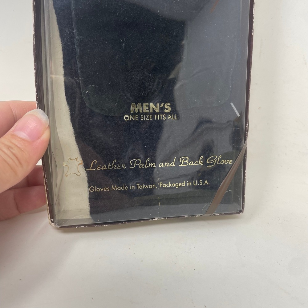 Mens Black Knit Gloves Leather Palm and Back One Size Fits All Vintage New - Picture 2 of 5